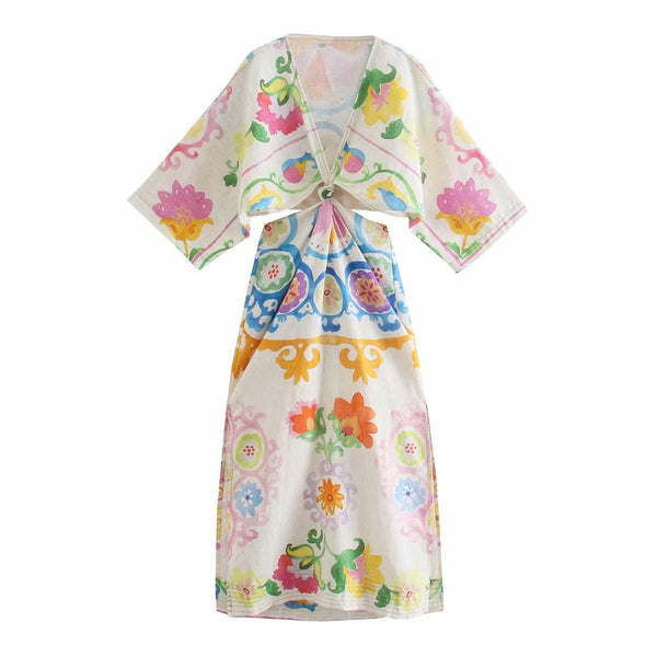 Floral Print Bat Sleeve Kimono Dress - ChicBohoStyle